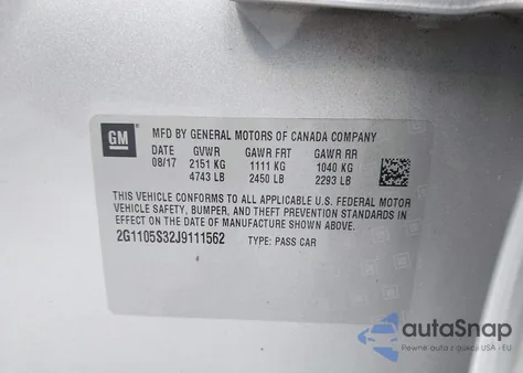 2018 Chevrolet Impala 1Lt z USA, uszkodzony, nr VIN 2G1105S32J9111562